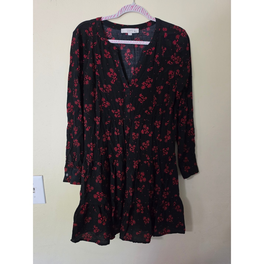 LOFT Women Black Red Floral Tiered V-Neck Long Sleeve Mini Dress Size M